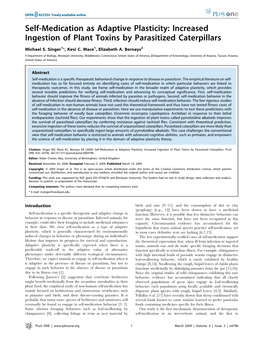 Self-Medication As Adaptive Plasticity: Increased Ingestion of Plant Toxins by Parasitized Caterpillars