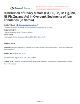 Distribution of Heavy Metals (Cd, Cu, Co, Cr, Hg, Mn, Ni, Pb, Zn, and As) in Overbank Sediments of Ibar Tributaries (In Serbia)