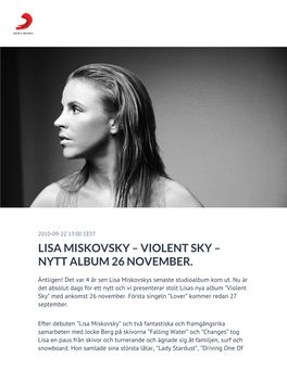 Lisa Miskovsky – Violent Sky – Nytt Album 26 November