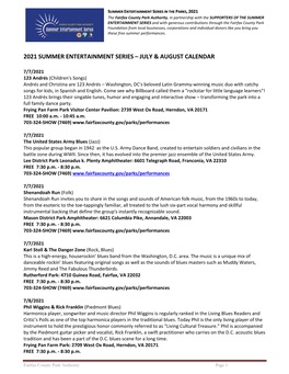 2021 Summer Entertainment Series – July & August Calendar