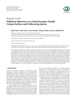 Pollinator Behaviour on a Food-Deceptive Orchid Calypso Bulbosa and Coflowering Species