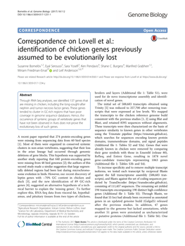 Correspondence on Lovell Et Al.: Identification of Chicken Genes Previously Assumed to Be Evolutionarily Lost
