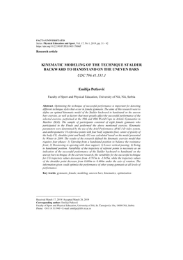 KINEMATIC MODELING of the TECHNIQUE STALDER BACKWARD to HANDSTAND on the UNEVEN BARS UDC 796.41:531.1 Emilija Petković