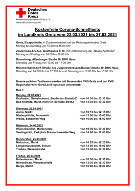 Kostenfreie Corona-Schnelltests Im Landkreis Greiz Vom 22.03.2021 Bis 27.03.2021