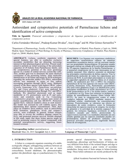 Antioxidant and Cytoprotective Potentials of Parmeliaceae Lichens