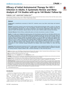 Efficacy of Initial Antiretroviral Therapy for HIV-1 Infection in Adults: a Systematic Review and Meta- Analysis of 114 Studies with up to 144 Weeks’ Follow-Up