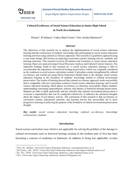 Cultural Ecoliteracy of Social Science Education at Junior High School in North Java Indonesia Wasino1, R Suharso2, Cahyo Budi