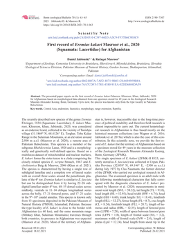 First Record of Eremias Kakari Masroor Et Al., 2020 (Squamata: Lacertidae) for Afghanistan