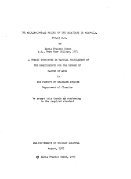 The Archaeological. Record of the Galatians in Anatolia