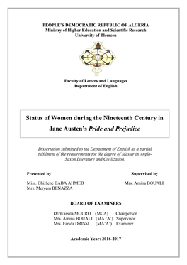 Us of Women During the Nineteenth Century in Jane Austen's Pride And