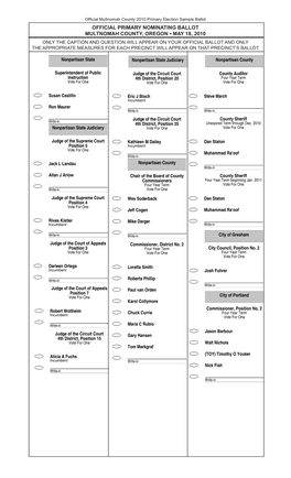 Official Multnomah County 2010 Primary Election Sample Ballot