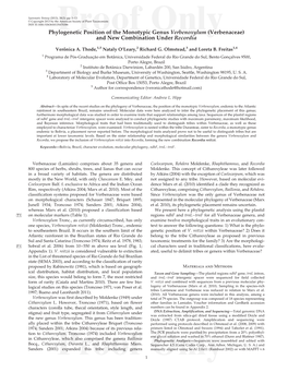 Phylogenetic Position of the Monotypic Genus Verbenoxylum (Verbenaceae) and New Combination Under Recordia