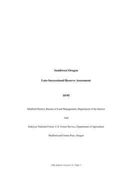 Southwest Oregon Late-Successional Reserve Assessment 10/95