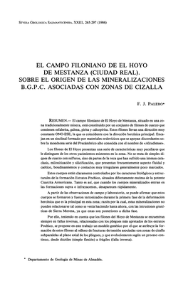 El Campo Filoniano De El Hoyo De Mestanza (Ciudad Real). Sobre El Origen De Las Mineralizaciones B.G.P.C