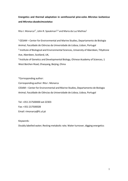 1 Energetics and Thermal Adaptation in Semifossorial Pine-Voles Microtus