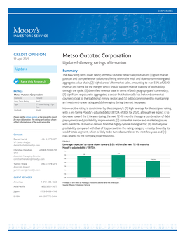 Metso Outotec Corporation 12 April 2021 Update Following Ratings Affirmation