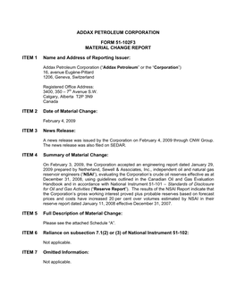 Addax Petroleum Corporation Form 51-102F3