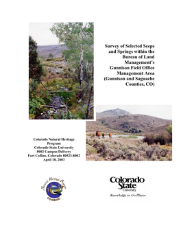 Survey of Seeps and Springs Within the Bureau of Land Management’S Grand Junction Field Office Management Area (Mesa County, CO)