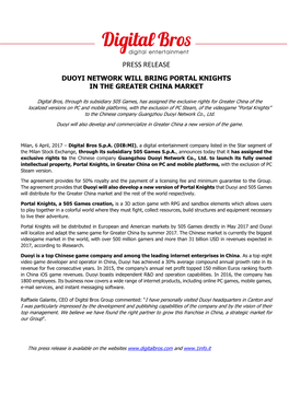 Press Release Duoyi Network Will Bring Portal Knights in the Greater China Market