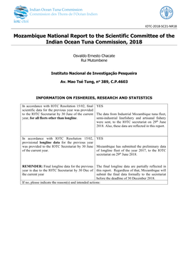 Mozambique National Report to the Scientific Committee of the Indian Ocean Tuna Commission, 2018