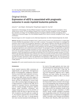 Original Article Expression of Eef2 Is Associated with Prognostic Outcome in Acute Myeloid Leukemia Patients