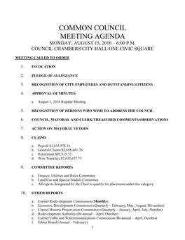 Common Council Meeting Agenda Monday, August 15, 2016 – 6:00 P.M