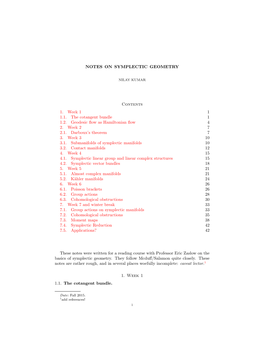 NOTES on SYMPLECTIC GEOMETRY Contents 1. Week 1 1