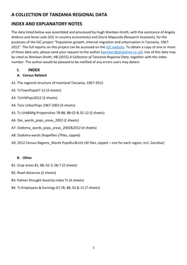 A Collection of Tanzania Regional Data Index and Explanatory Notes