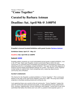 Curated by Barbara Astman Deadline: Sat. April 9Th @ 3:00PM