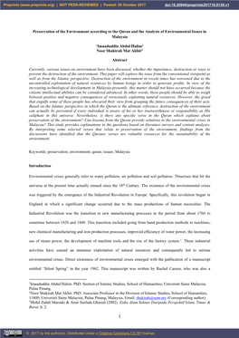 Preservation of the Environment According to the Quran and the Analysis of Environmental Issues in Malaysia