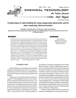 Chemical Technology an Indian Journal 38 Synthesizing of Salicylealdehyde Using Magnesium Phenoxide CTAIJ, 8(2) 2013