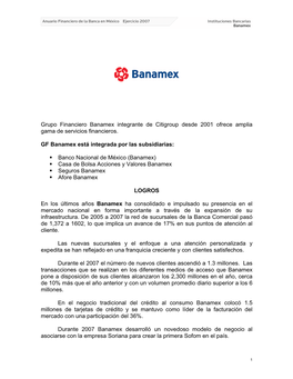 Grupo Financiero Banamex Integrante De Citigroup Desde 2001 Ofrece Amplia Gama De Servicios Financieros