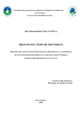 Ghizela D. ALEC (VONICA) Rezumatul Tezei De Doctorat