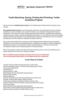 Textile Bleaching, Dyeing, Printing and Finishing, Textile Auxiliaries Projects