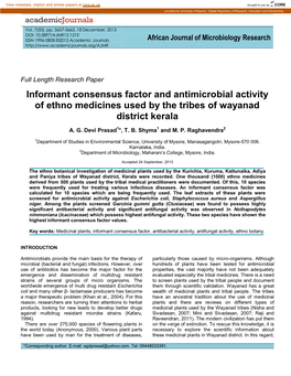 Informant Consensus Factor and Antimicrobial Activity of Ethno Medicines Used by the Tribes of Wayanad District Kerala