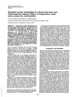 Standard Energy Metabolism of a Desert Harvester Ant, Pogonomyrmex Rugosus: Effects of Temperature, Body Mass, Group Size, and Humidity J