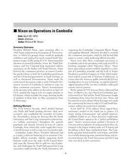 Nixon on Operations in Cambodia Date: April 30, 1970 Genre: Address Author: Richard M