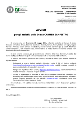 Avviso Dr.Ssa Carmen Sampietro 13Mag2021