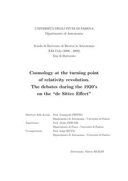 Cosmology at the Turning Point of Relativity Revolution. the Debates During the 1920’S on the “De Sitter Eﬀect”