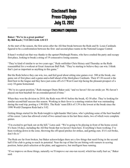 Cincinnati Reds Press Clippings July 13, 2012