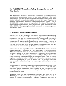 Ch. 7 MOSFET Technology Scaling, Leakage Current, and Other Topics