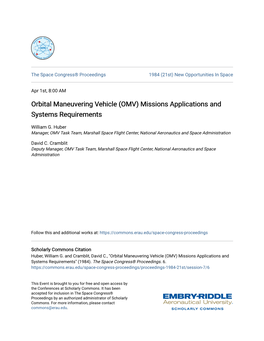 Orbital Maneuvering Vehicle (OMV) Missions Applications and Systems Requirements