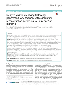 Delayed Gastric Emptying Following Pancreatoduodenectomy with Alimentary Reconstruction According to Roux-En-Y Or Billroth-II Tim R