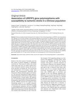 Original Article Association of LRRFIP1 Gene Polymorphisms with Susceptibility to Ischemic Stroke in a Chinese Population