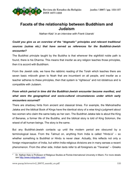 Facets of the Relationship Between Buddhism and Judaism Nathan Katz* in an Interview with Frank Usarski