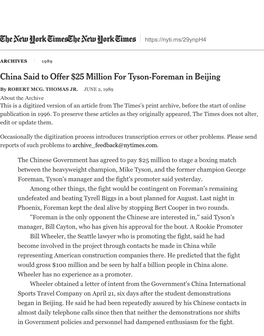 China Said to Offer $25 Million for Tyson-Foreman in Beijing