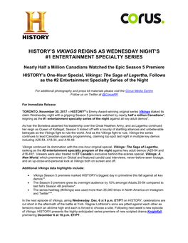 History's Vikings Reigns As Wednesday Night's #1 Entertainment Specialty Series