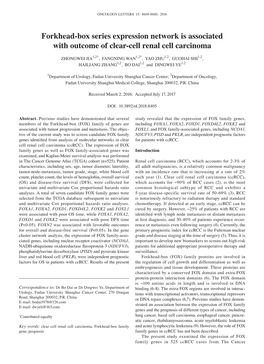 Forkhead‑Box Series Expression Network Is Associated with Outcome of Clear‑Cell Renal Cell Carcinoma