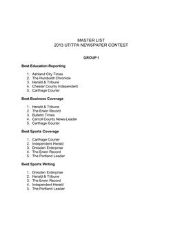 Master List 2013 Ut/Tpa Newspaper Contest