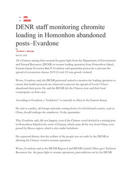 DENR Staff Monitoring Chromite Loading in Homonhon Abandoned Posts–Evardone by Jonathan L